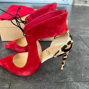 Christian Louboutin Ferme Rouge 85mm red and animal print heels 37